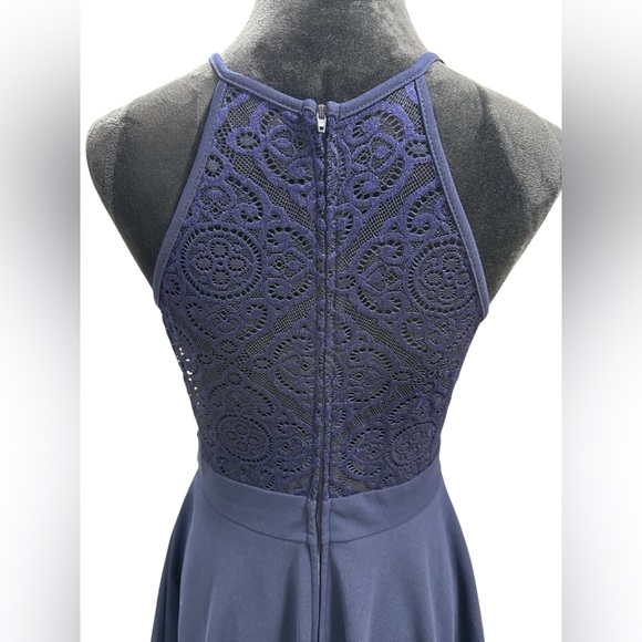 Emerald Sundae Navy Lace Halter Skater Dress L Layered Fit & Flare Cocktail - Picture 6 of 10